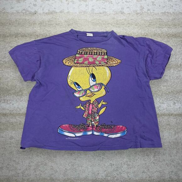 Vintage 90s Tweety Bird Shirt Mens M Purple Looney Tunes Cotton Short Sleeve - Picture 1 of 6